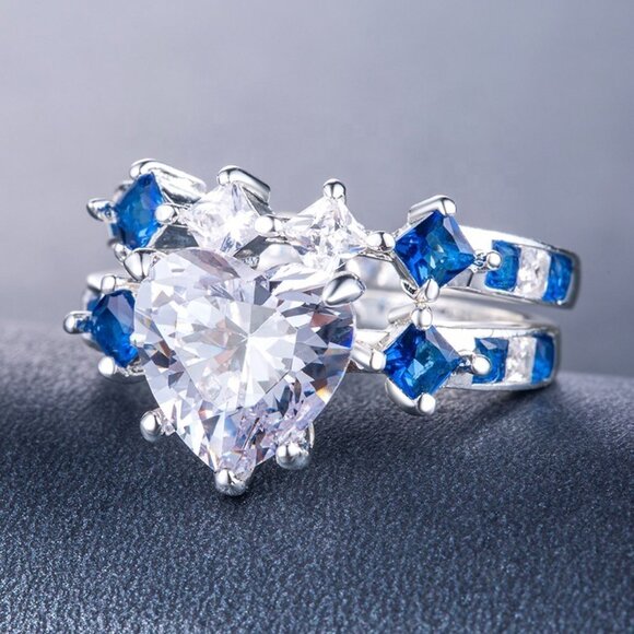 💞925 Silver Plated Blue 2 PCs Heart CZ Couple Ring, MLNN1011 - Picture 2 of 3
